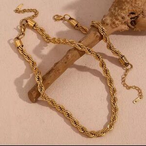 Anthropologie 18K Gold Stainless Steel Twisted Rope Necklace Bracelet Set